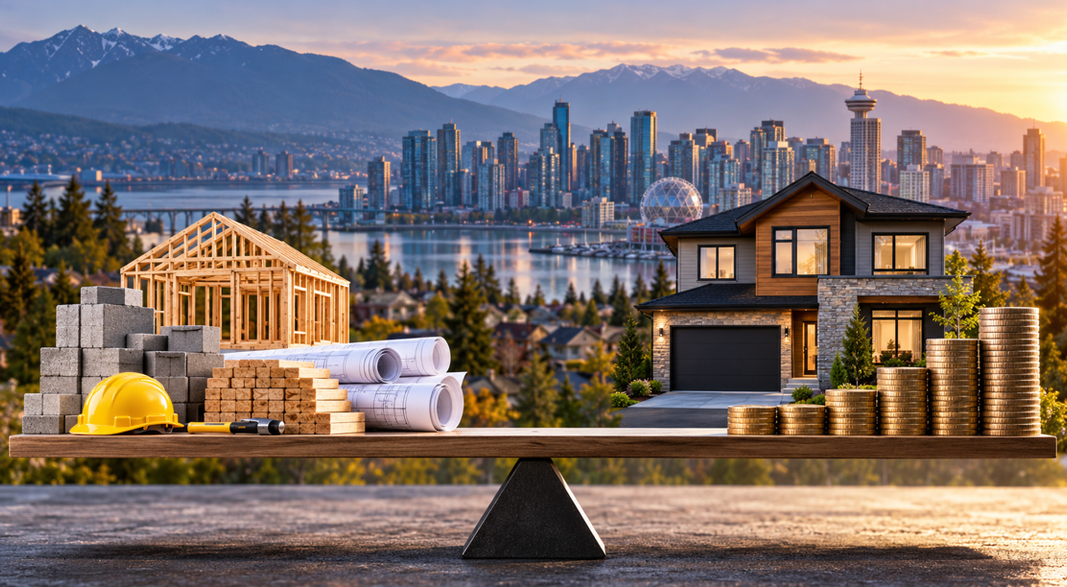 Illustration comparant les coûts de construction d’une maison neuve à son prix de vente, avec des matériaux de construction, une maison terminée et des piles de pièces de monnaie devant Vancouver.