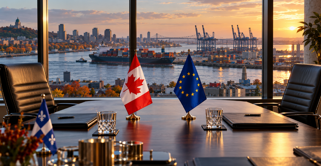 Canada-Europe : drapeaux canadien, européen et québécois sur une table de négociation devant un port industriel.