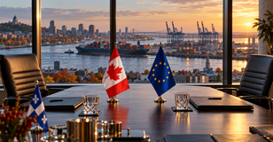 Canada–Europe : derrière les accolades, les intérêts Canada-Europe : drapeaux canadien, européen et québécois sur une table de négociation devant un port industriel.
