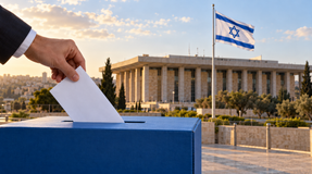 Élections en Israël : Netanyahu en tête, mais le pouvoir reste à négocier Élections en Israël : une main dépose une enveloppe dans une urne bleue devant la Knesset et le drapeau israélien.