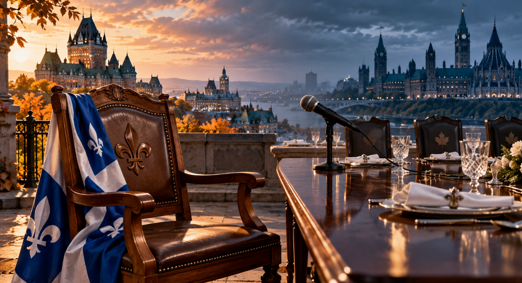 Fauteuil aux couleurs du Québec face à un microphone et à une table diplomatique, symbolisant la volonté du Québec de faire entendre sa voix.