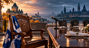 La génération X n’attend plus la permission Fauteuil aux couleurs du Québec face à un microphone et à une table diplomatique, symbolisant la volonté du Québec de faire entendre sa voix.